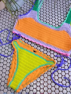 Beach Riot Bikini Set: Md. Soleil Bottom & Lg. Andy Top Technicolor Rays Crochet